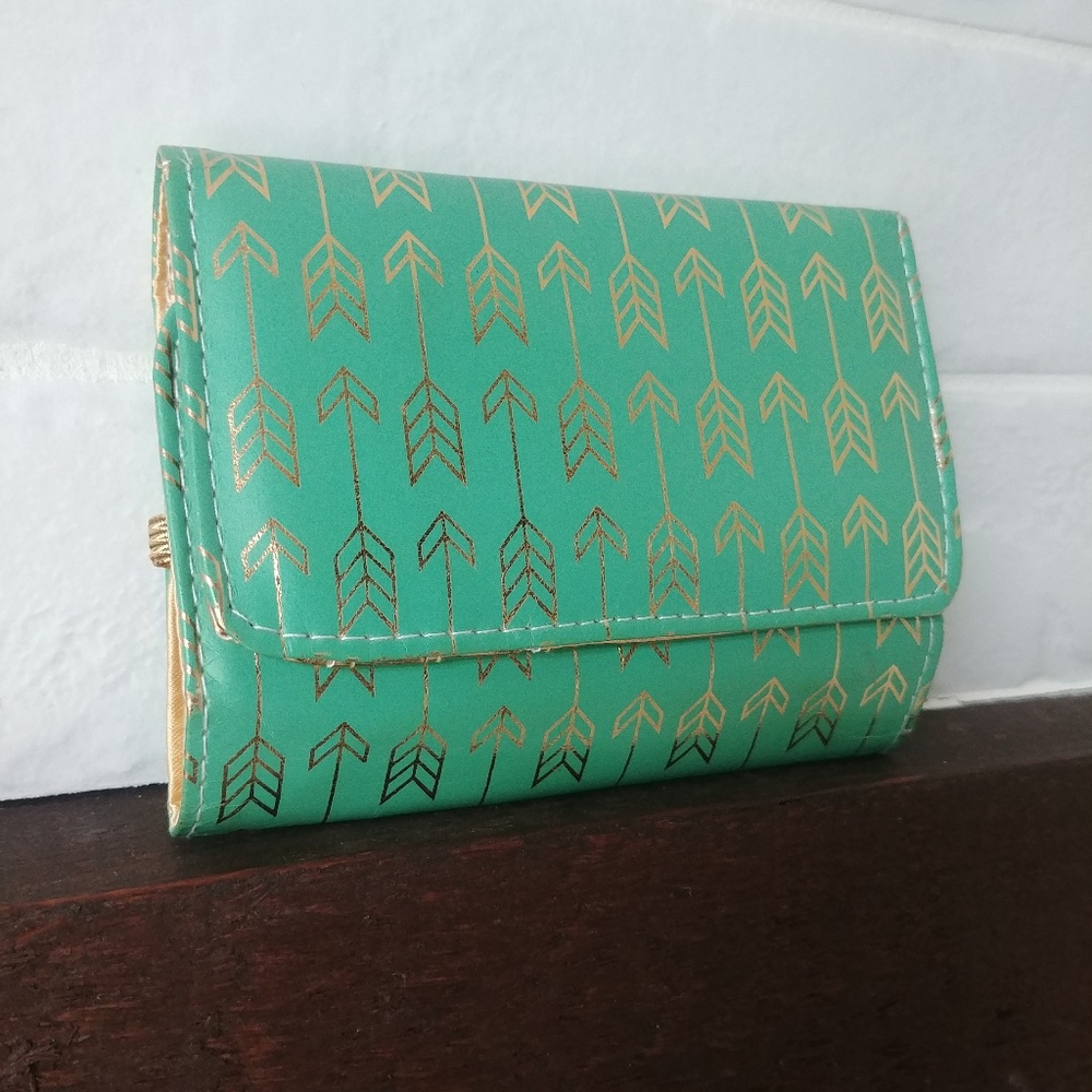 4/$20 Seafoam blue green and gold small faux leather wallet